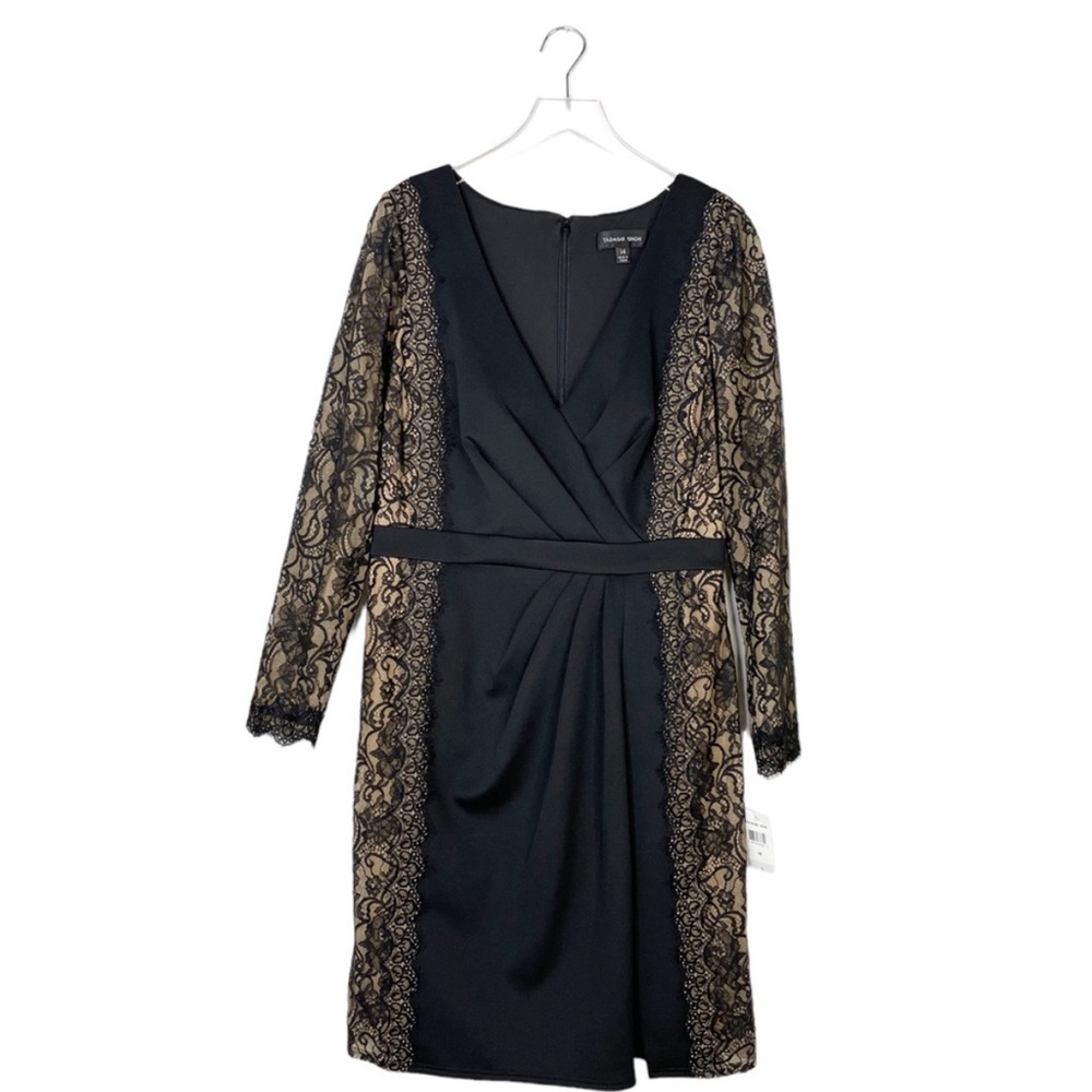 Tadashi Shoji Faux Wrap Lace Dress in Black/Nude - Picture 5 of 13